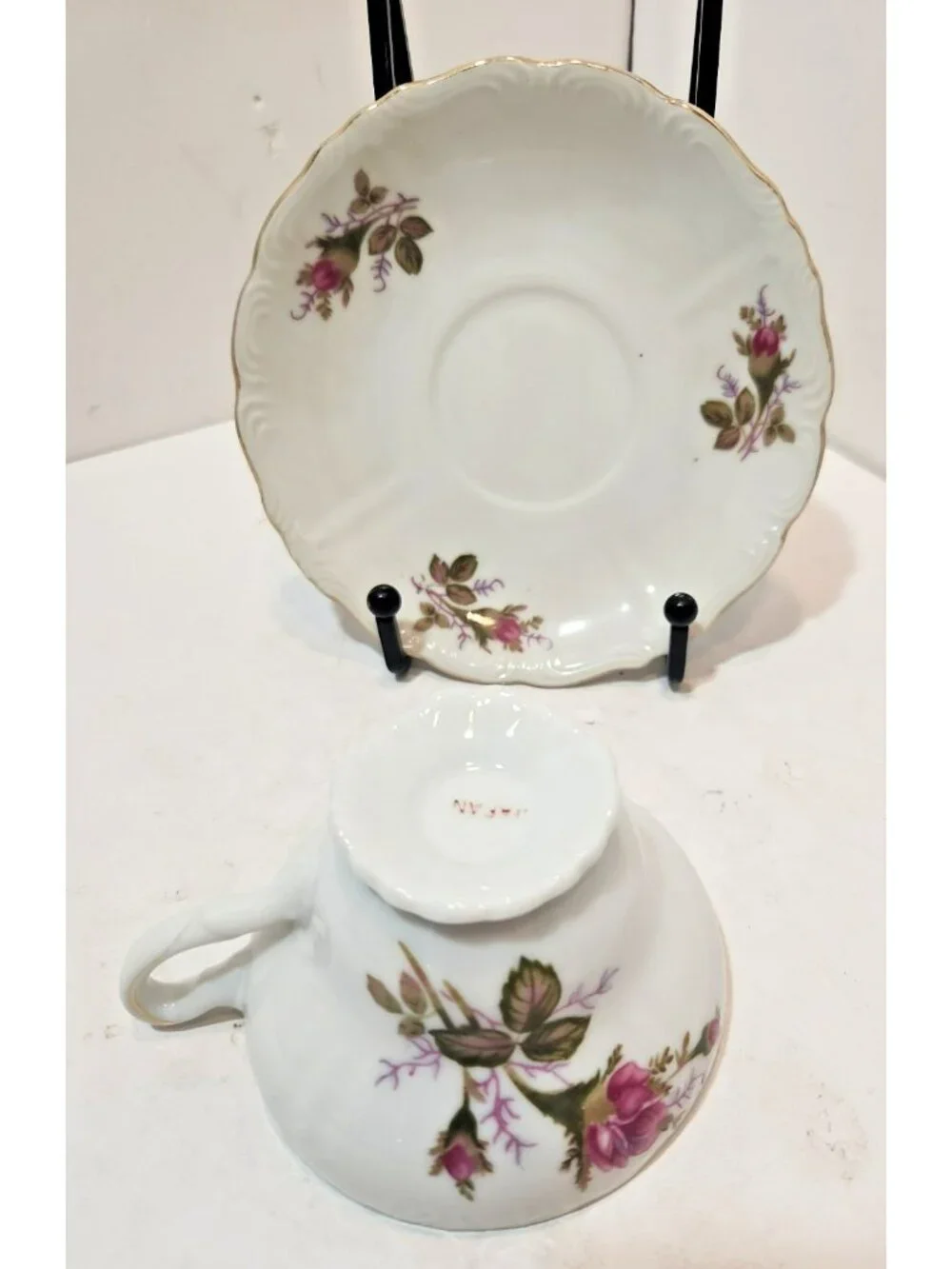 Vintage Japan Tea Cup and Saucer Flower Pink Rose With Gold Tone Rim Set of 3
